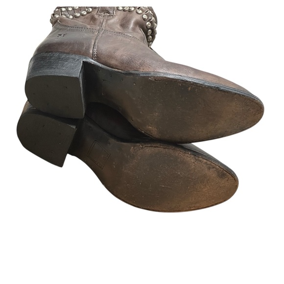 Frye Boots Diana Brown Leather Studded Western Almond Toe Heeled Short Boots - Picture 5 of 15